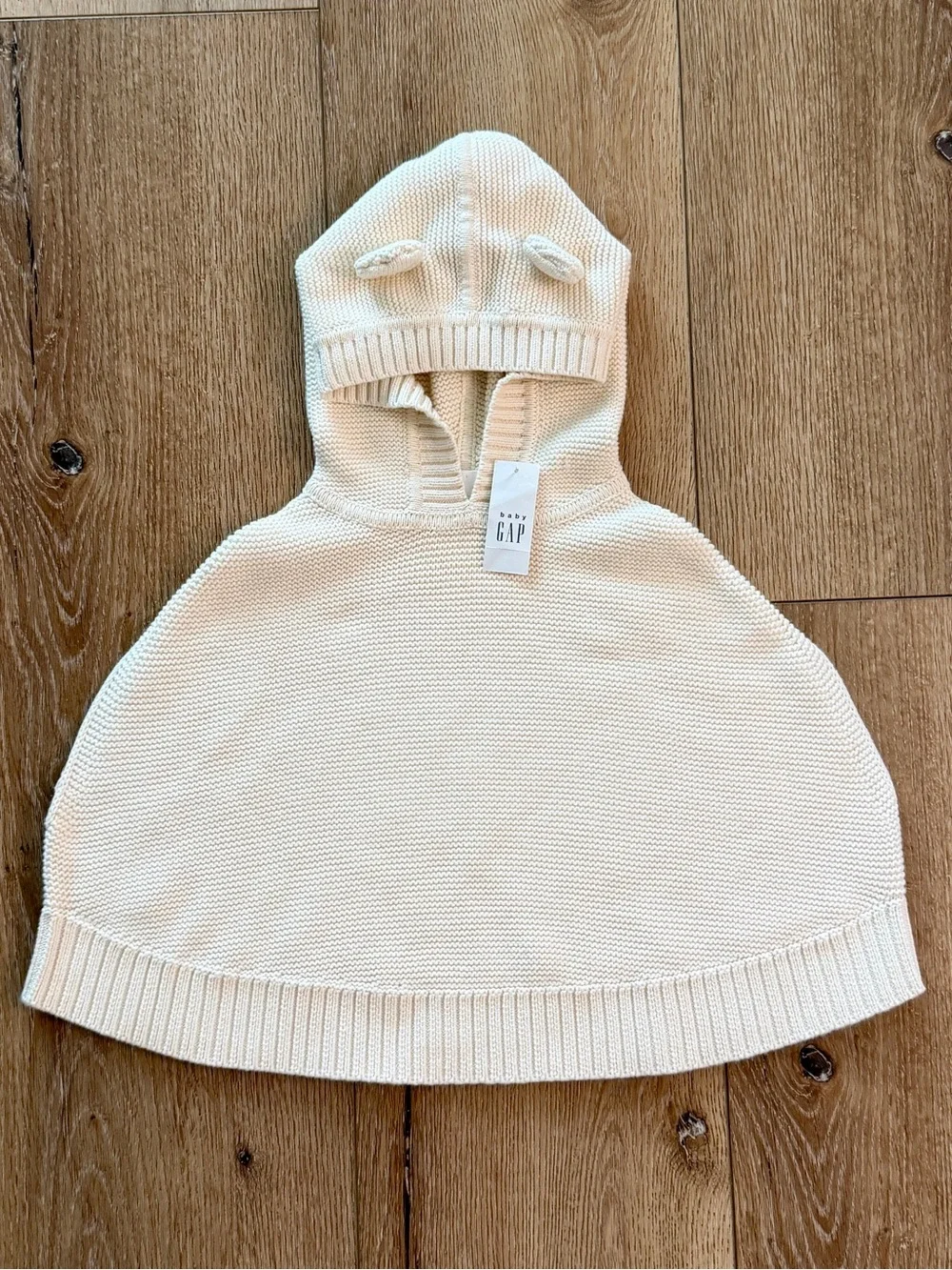 NWT Baby Gap Cream Knit Bear Ear Hooded Poncho Cape Sweater - Size 4 Years